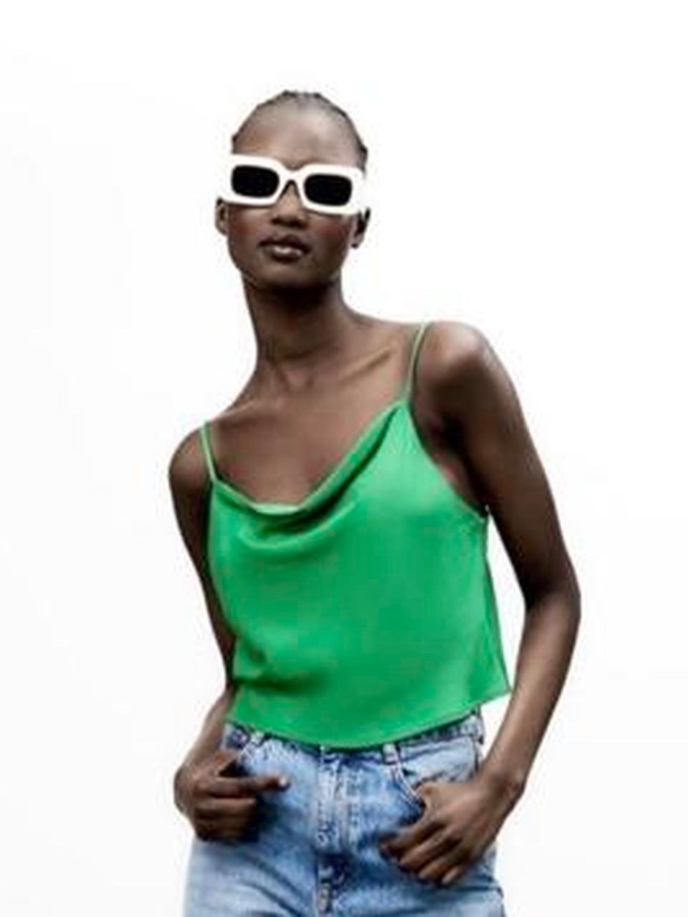 Zara Emerald Green Cowl Neck Spaghetti Strap Crop Top